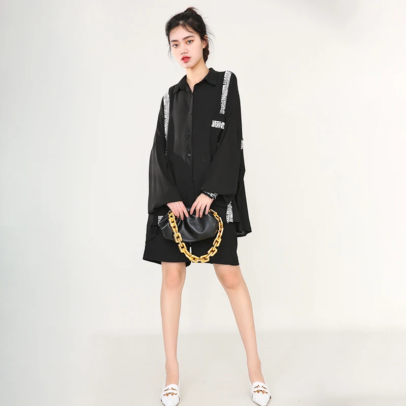 

[EAM] Women Asymmetrical Split Big Size Blouse New Lapel Long Sleeve Loose Fit Shirt Fashion Tide Spring Autumn 2021 1H64001