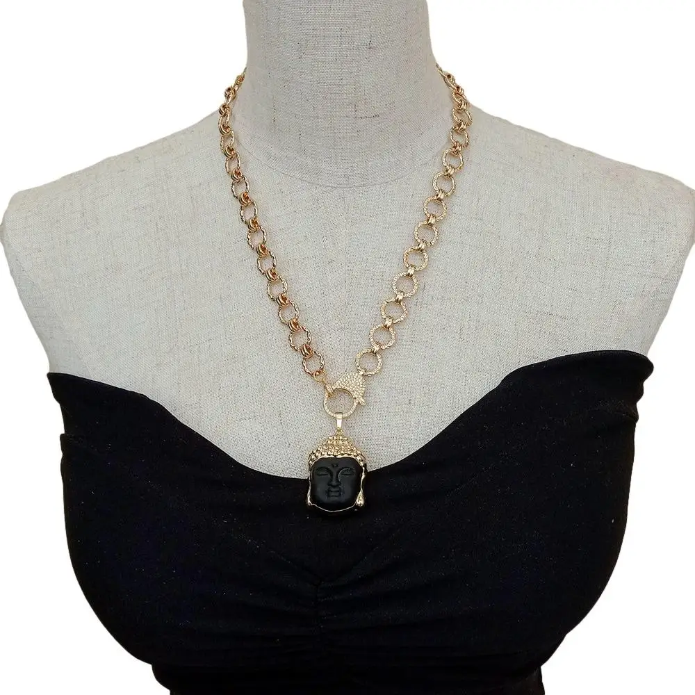 Y.YING Black Onyx Carved Buddha Head Pendant Gold Plated Chain Necklace 20" Religion Jewelry |