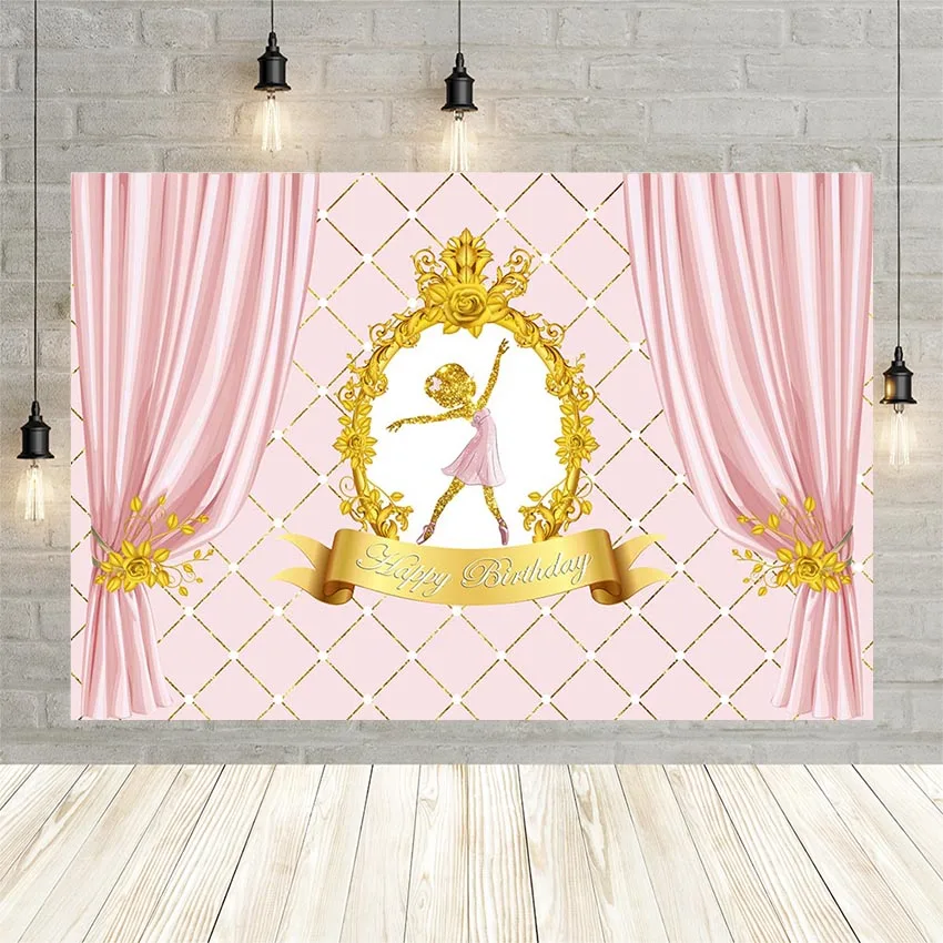 

Avezano Ballet Girl Photography Background Gold Royal Pink Curtain Girl Happy Birthday Party Backdrop Photo Studio Decor Banner