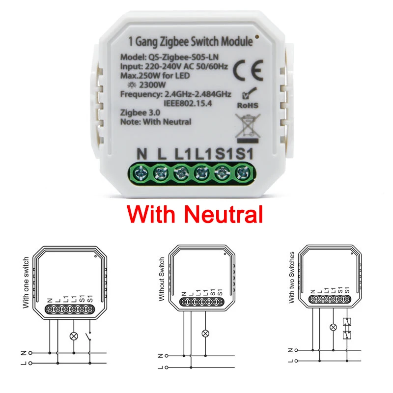 

Lonsonho Tuya Zigbee Smart Switch Module No /With Neutral EU 220V 2 Way Wireless Light Switch Relay Zibee2MQTT Home Assistant