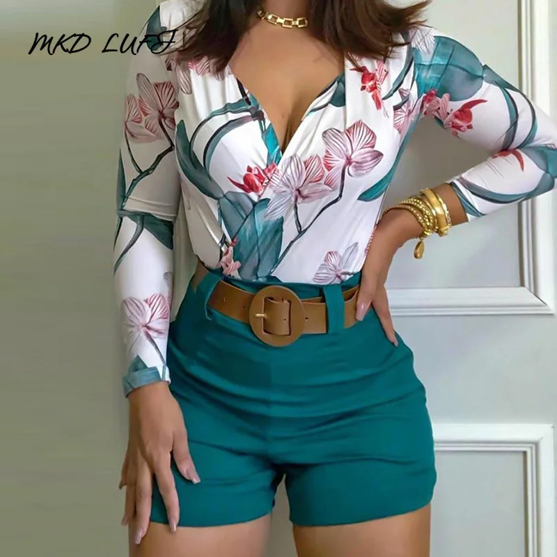 

Floral Print Long Sleeve V Neck Tops & Shorts Set Casual Summer Women Two Piece Set