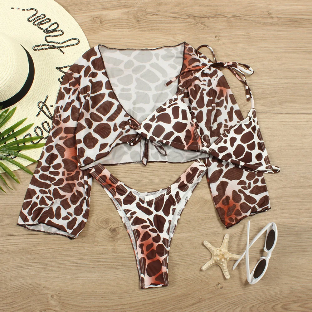 

2021 New Design Three-Piece Tie-Dye Women's Split Swimsuit Long-Sleeved Leopard-Print Bikini Sexy Bathing Suit Female Swimwear