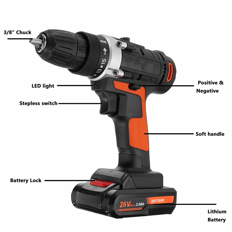 

26V Cordless Electric Drill Screwdriver 25+3 Torque Rechargeable 350Nm Dual Speed Power Tools Sets With 2 Battery with Sleeve