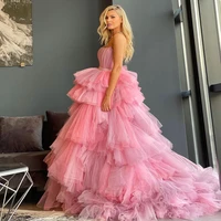 pink elegant exquisite women dress strapless a line floor length ball gown tulle ruffle layered evening dress plus size