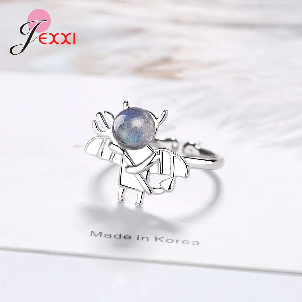 

Adjustable Women 925 Sterling Silver Crystal Ball Rings Little Animal Devil Small Moonstone Jewelry Birthday Gift