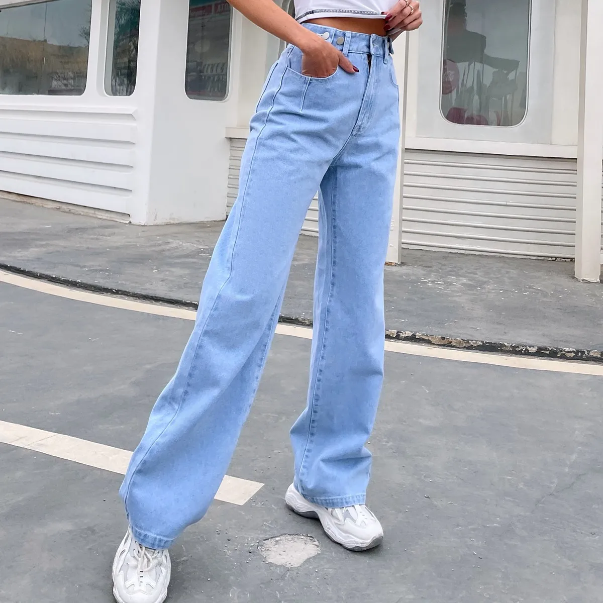 

Classic Light Blue Women's Retro Jeans,Straight-leg Casual Denim Loose Wide Leg Flared Pants,Summer Fashion Mopping Pants 2021