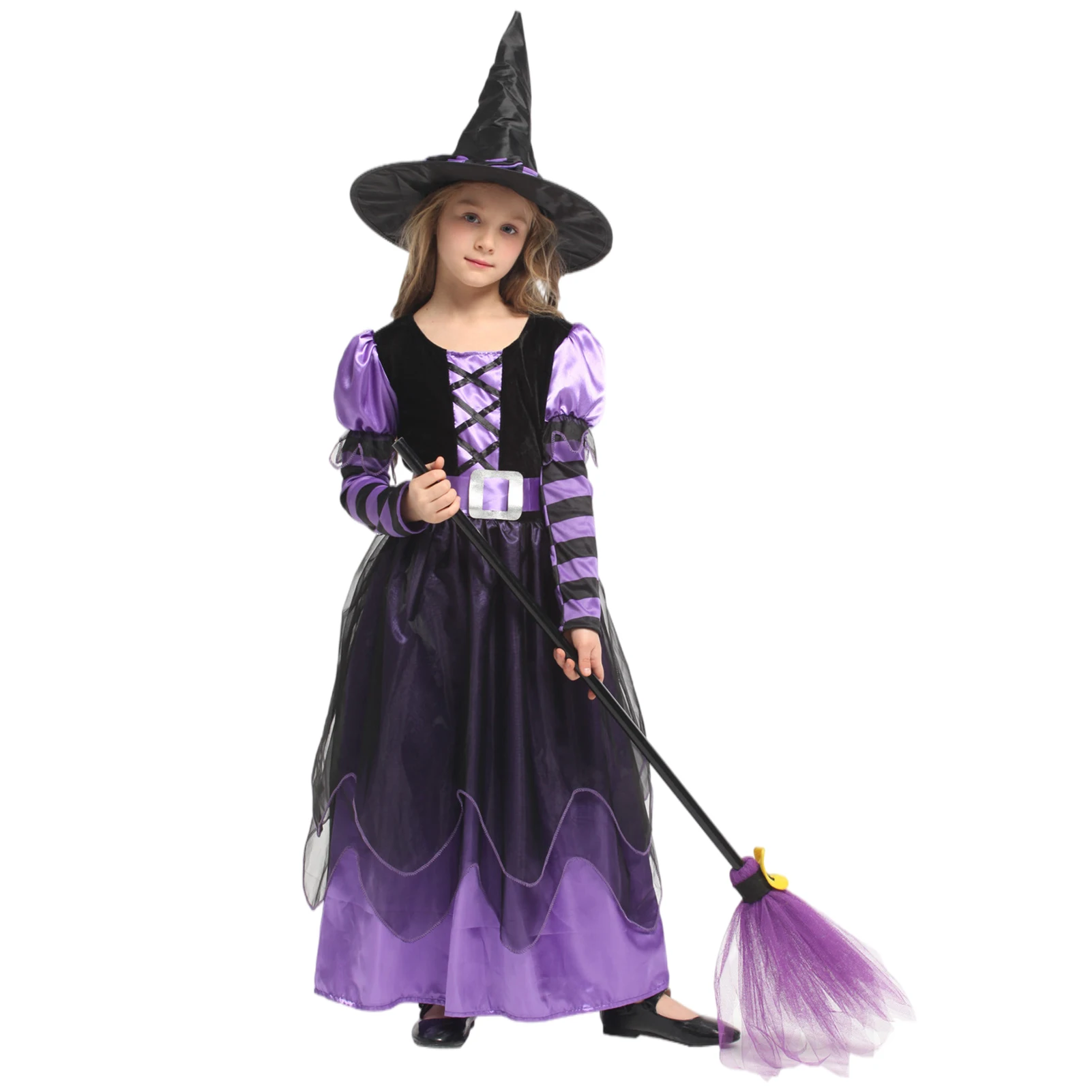 

Kid Girls Halloween Witch Costume Sparkly Silver Stars Printed Carnival Cosplay Dress With Pointed Hat Wand Dress Up Clothes