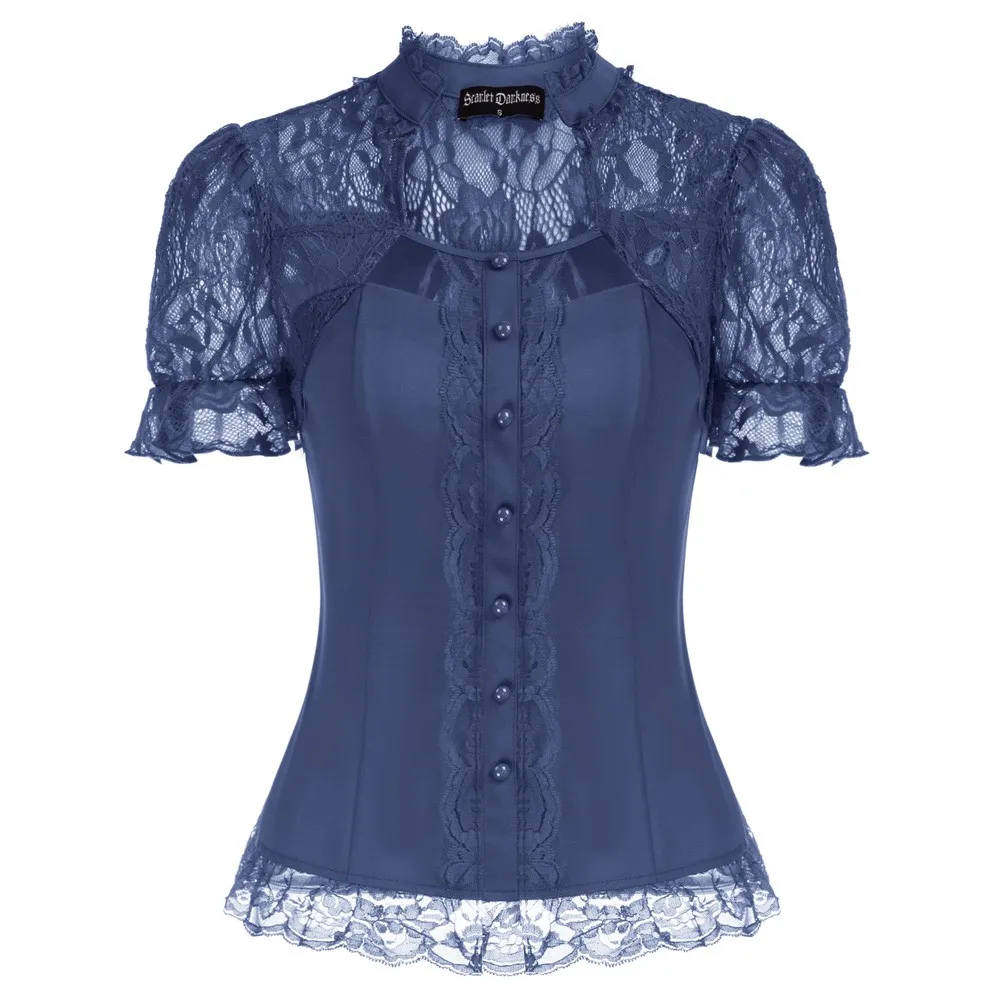 Женская винтажная блузка в стиле стимпанк кружевная с короткими рукавами и