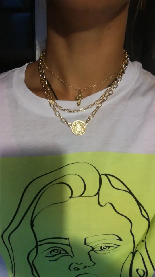 Модное ювелирное изделие колье монета золотого цвета и крест кулон короткий для