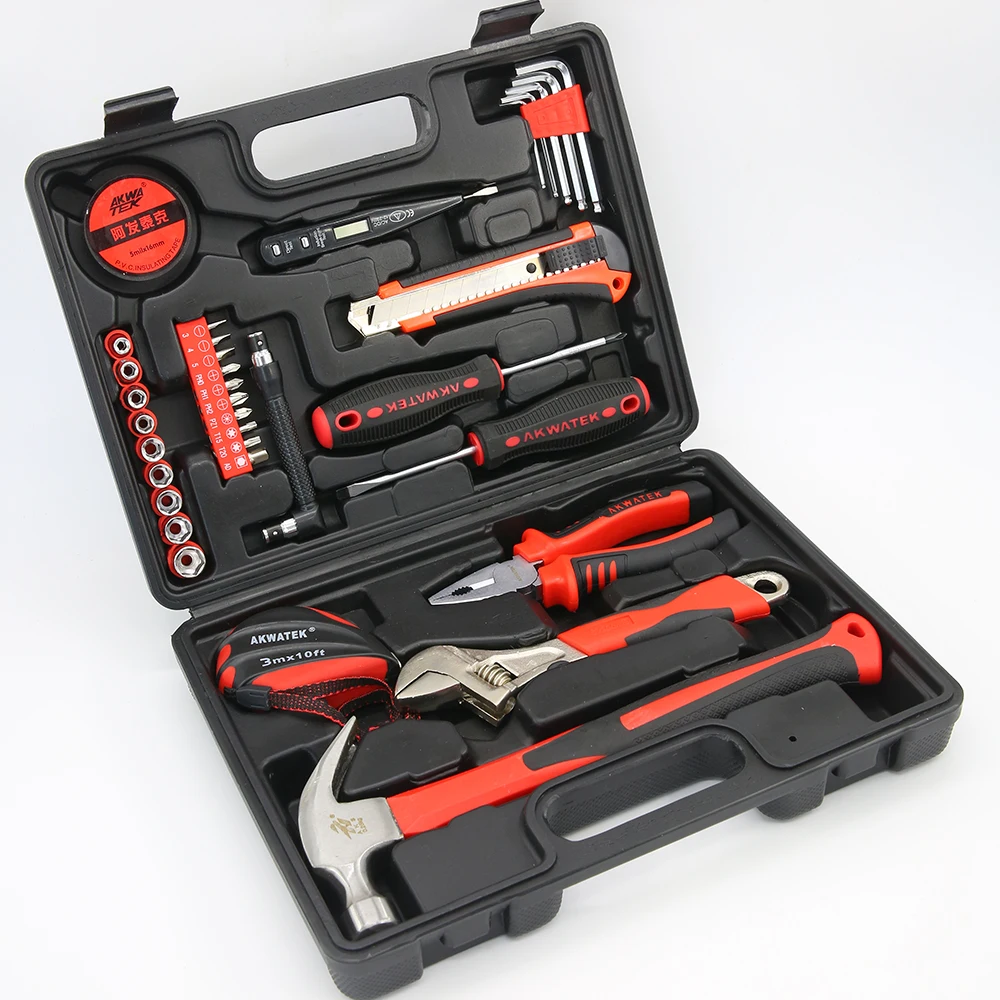 Hand Tool General Household Repair Kit with Plastic Toolbox Tape measure Pliers Wrench Screwdriver Knife Hammer