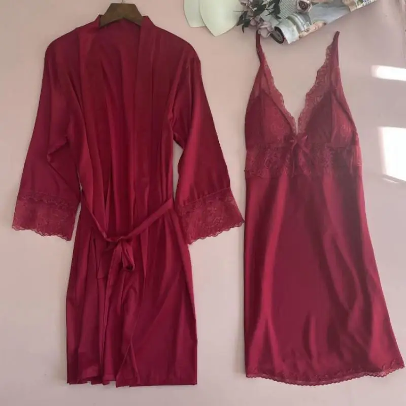 

Sexy Hollow Out Women Robe Nightgown Set White Satin Wedding Robe Casual Kimono Bathrobe Gown Half Sleeve Patchwork Home Dress