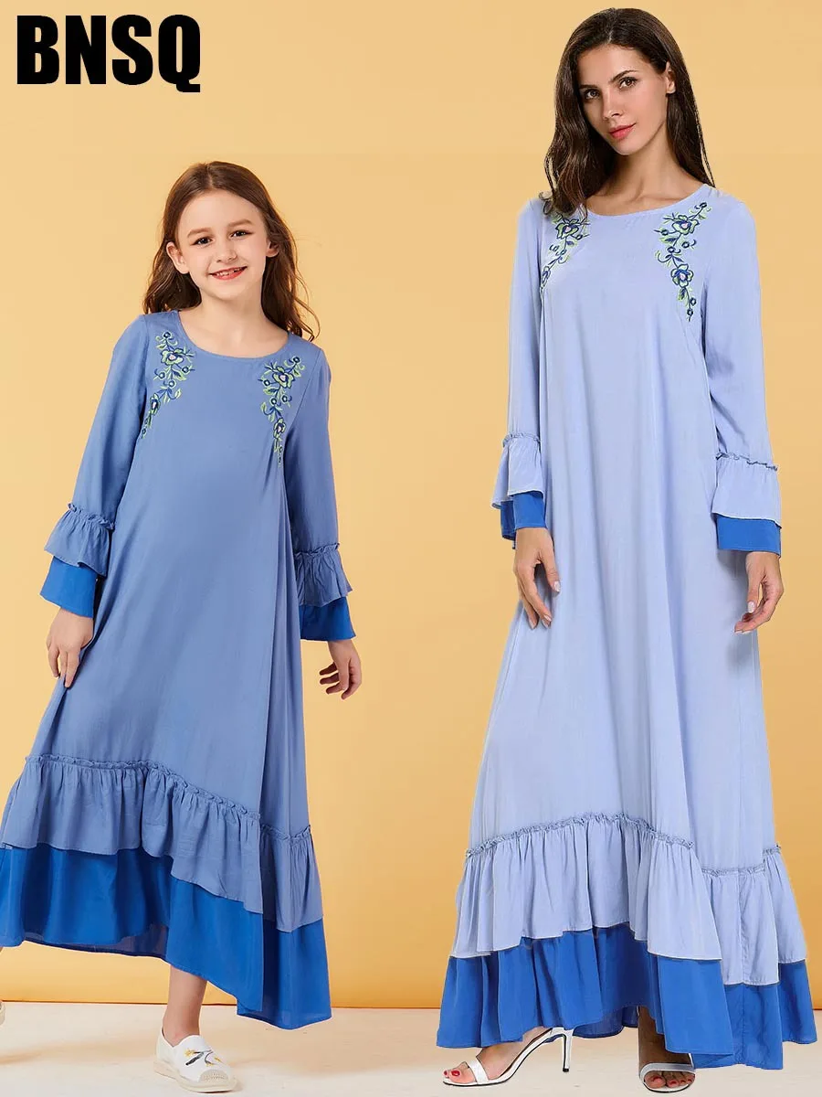 Абая для девочек длинное платье с вышивкой мамы и дочки одежда детей одинаковые