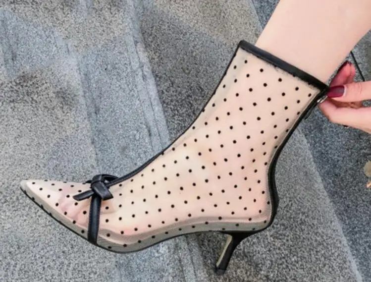 Beli Gadis Kulit Hitam Transparan Mesh Renda 7 Cm Stiletto Tumit Menunjuk Toe Dasi Sepatu Bot Pendek Mode Rendah Sepatu Boots Wanita
