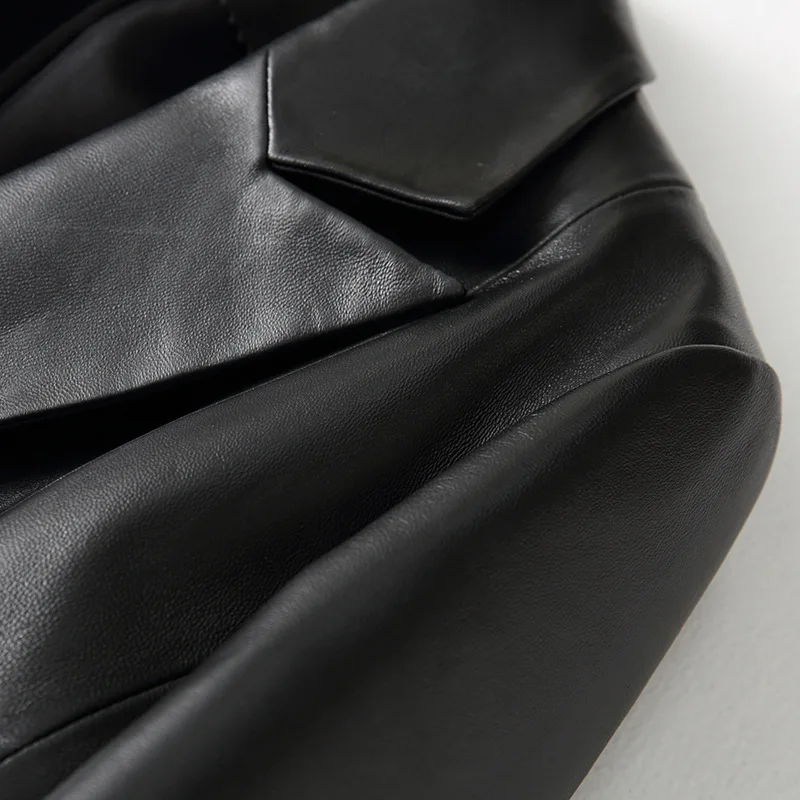 2021 Office Lady Sheepskin Shearling Jacket Women Black Long Sleeves Single Button Female Classic Style Genuine Leather Jacket