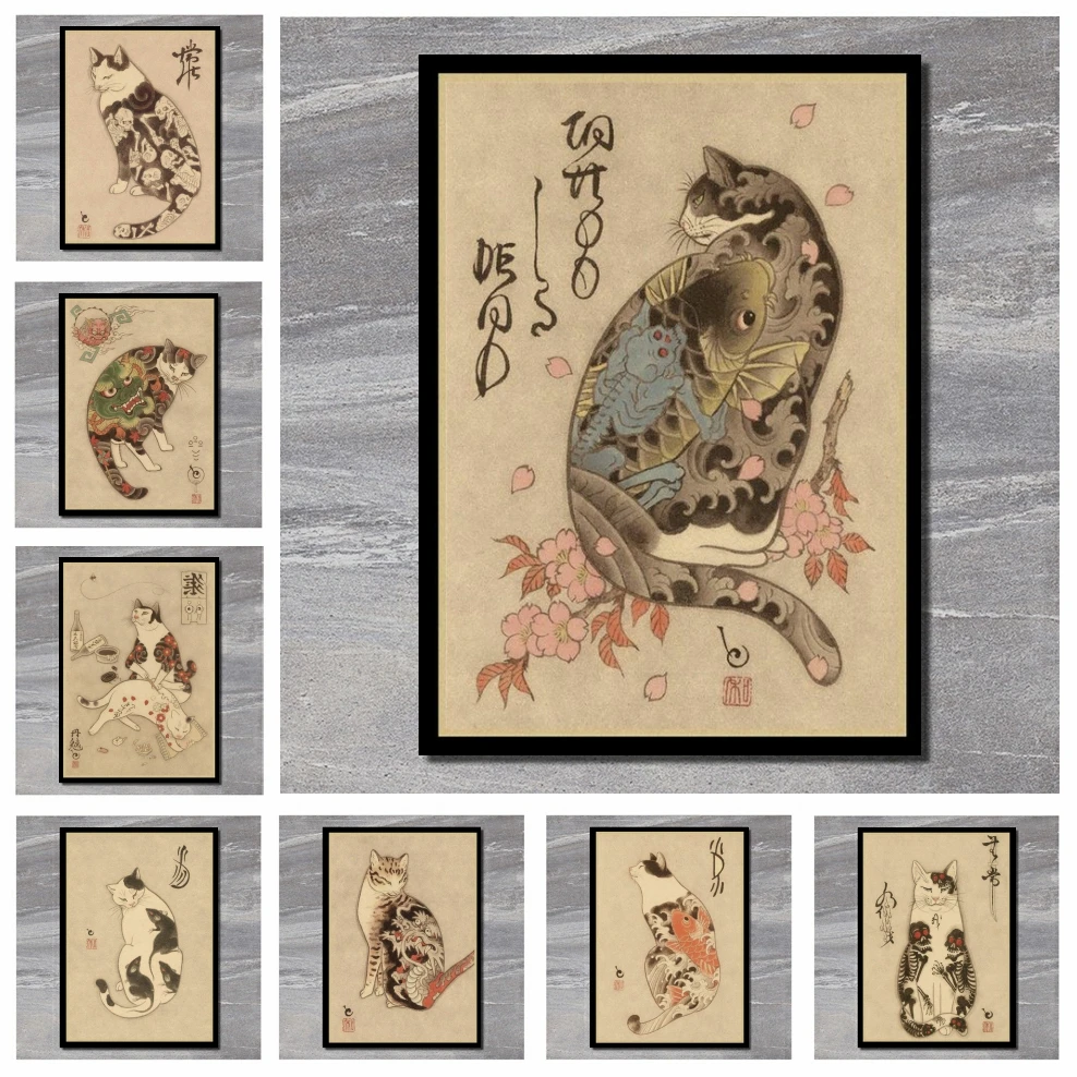 

Japanese Samurai cat Tattoo cat vintage poster retro cafe room wall decorative painting poster