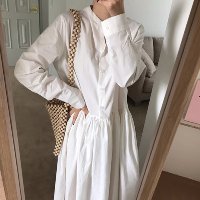 Mozuleva Simple Casual Stand Collar Single-breasted Women White Shirt Dress Full Sleeve Loose Solid Mid-length Female 2019 | Женская