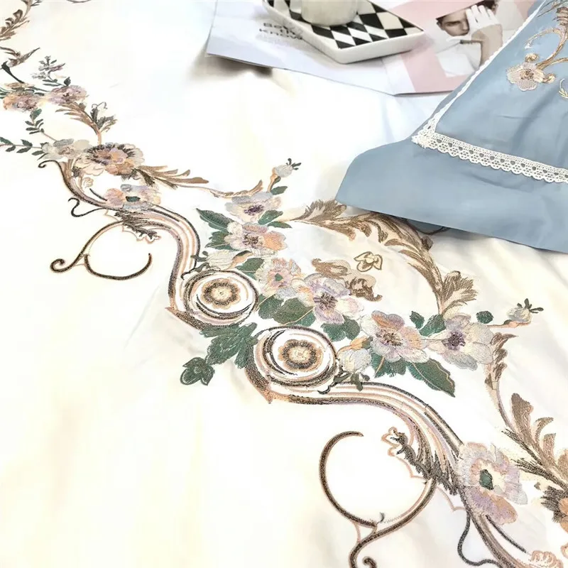 

Luxury white blue 2021 cotton Beddings set king queen size bed cover set for girls princess Bedsheets linen Duvet Cover set