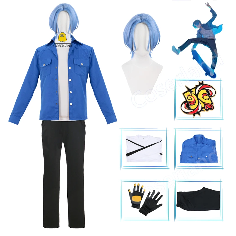 

Anime SK8 the Infinity Langa Hasegawa Cosplay Costume Sport Street Wear Blue Jacket Mental Badge Hasegawa Ranga Blue Short Wig
