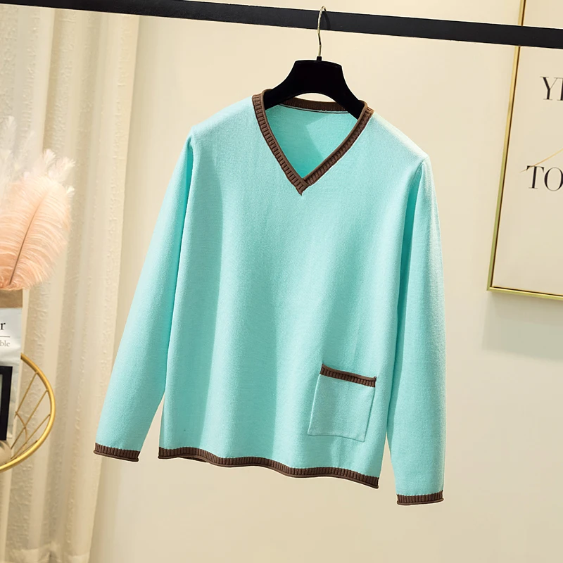 Женский трикотажный пуловер с V-образным вырезом и длинным рукавом - купить по