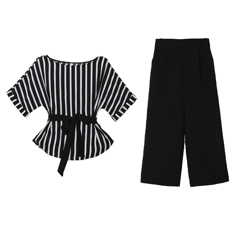

Large size women's summer new fat sister was thin suit age-reduced striped top + wide-leg pants two-piece suit