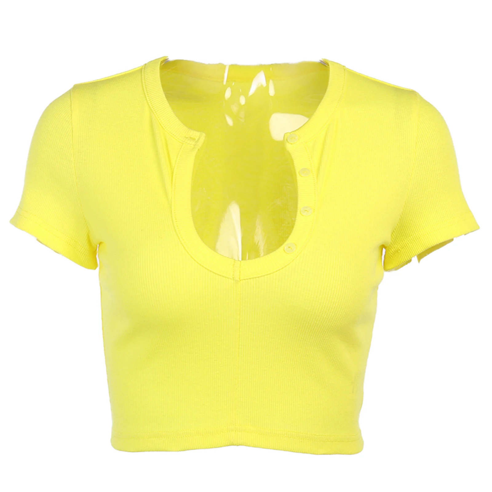 

Womens Solid Color Short Tees Tops, Cut Out Buttons U Neck Short Sleeve Crop T-shirts