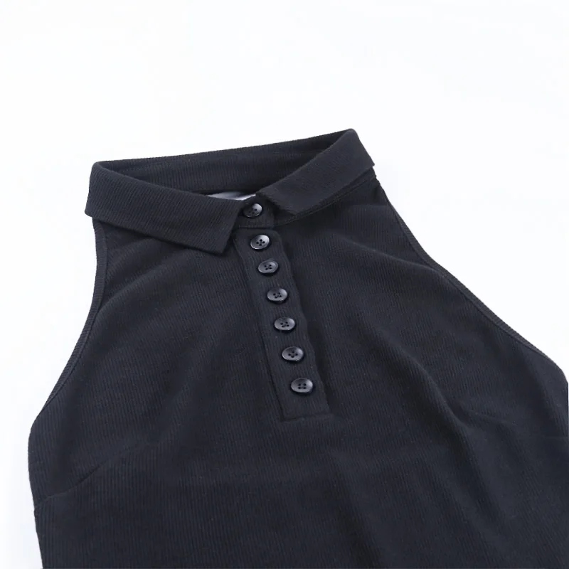 

Halter V-Neck Mini Dresses Front Button Backless Elastic Knitted Sexy Sleeveless Off Shoulder Summer New Elegant Dress