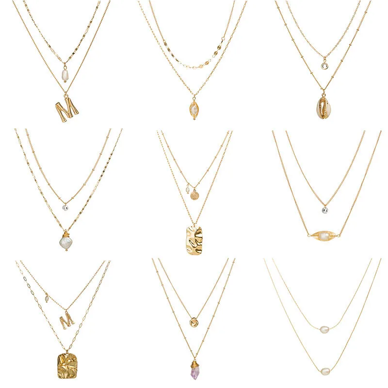 Мода двойной слой Жемчужное Колье женское ожерелье бохо с буквой М и золотыми