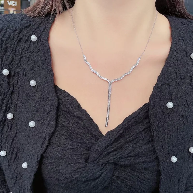 

925 Silver Y-Shape Pendant Necklaces Shiny Zircon Fashion High Quality Jewelry For Women Wedding Cocktail Party Birthday Gift