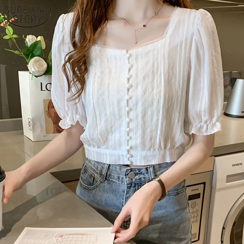 

2021 Summer New Korean Short Sleeve Blouse Women All-match Square Collar Puff Sleeve Short Shirt Solid Buttons Casual Top 9364