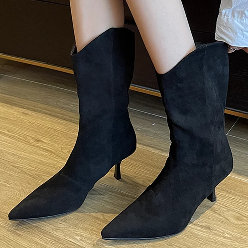 

Pointed Head Women Mid Calf Chelsea Boots 2022 Autumn New High Heel Fashion Thick Tube Stiletto Women Casual Motorcycle Boots