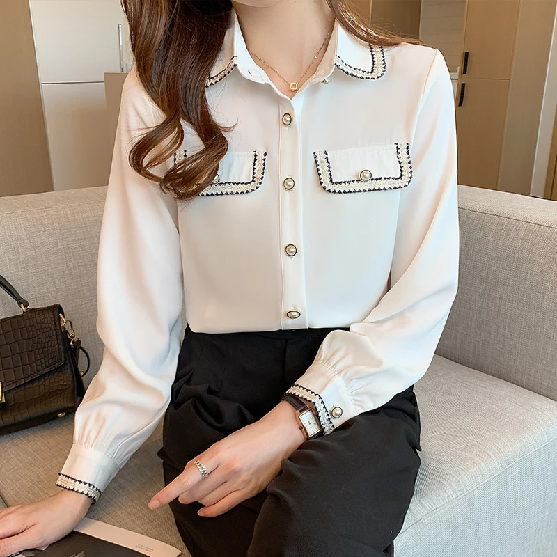 

Chiffon Loose Women's Shirts Casual Long Sleeve Blusas Splicing Polo Shirt Spring New Fashion Blouses Houthion