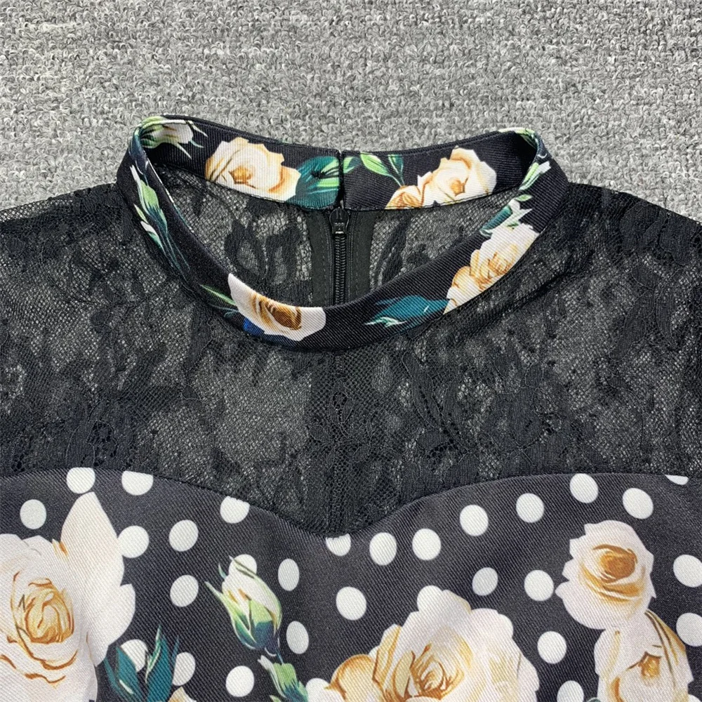

Runway Fashion Spring Party Dresses Women's Long Sleeve Colorful Flower Print Black Lace Patchwork Lady Resort Dress