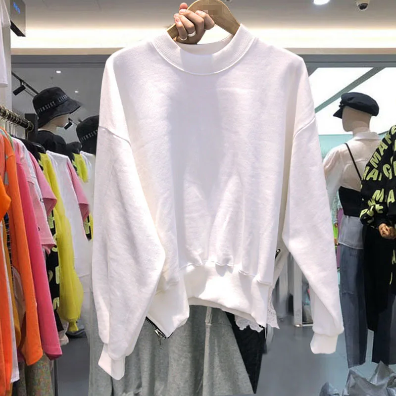 

Korean Style 2021 Spring New Loose Round Neck Character Printed Sequined Side Long-Sleeve Zipper Sweatshirts Women's Fashion