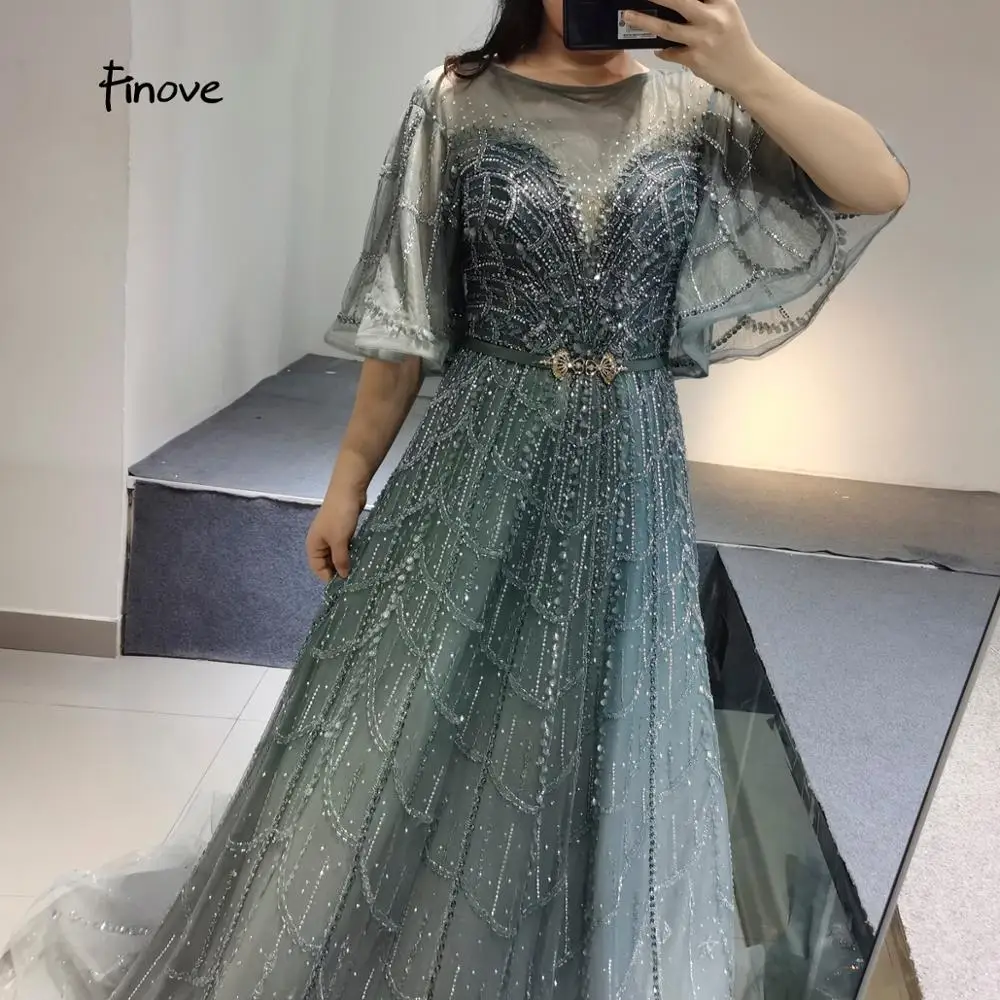 2021 Finove Luxury Beading Evening Dresses Elegant Short Sleeves O-Neck Formal dress A-line Princess party gown | Свадьбы и