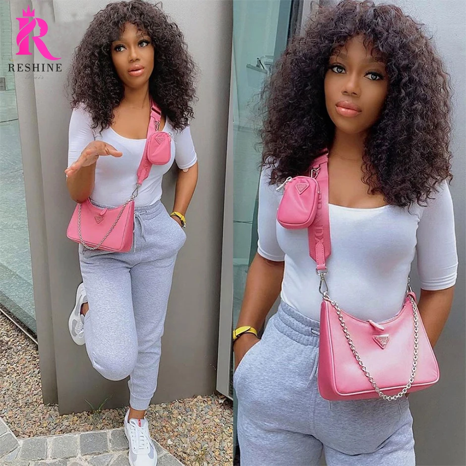 RESHINE Short Curly Bob Wigs Mongolian Human Hair With Bang Scalp Top Full Machine Made For Black Women | Шиньоны и парики