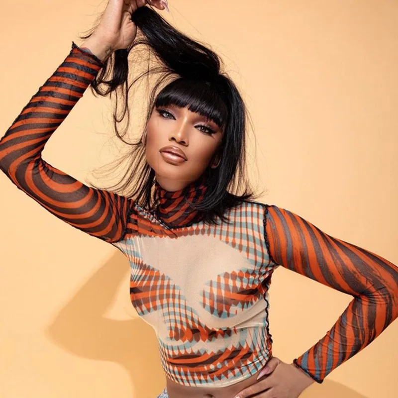 

Europe and The United States 2021 Spring Hot Sale New Mesh High Neck Camouflage Print Long Sleeve T-shirt on Sale Tshirt Women