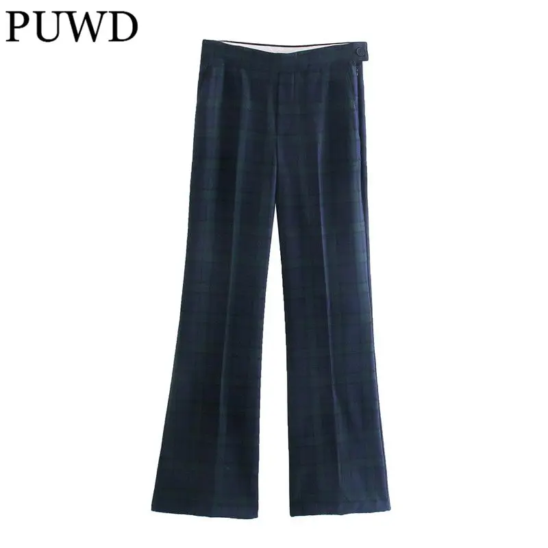 

PUWD Casual Women High Waist Pants 2021 Autumn Fashion Ladies High Street Vintage Pants Female Plaid Patchwork Trousers