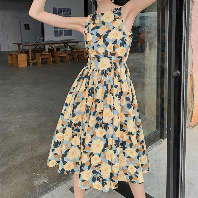 

Casual Dress Korean Loose Sleeveless round Neck printed backless Temperament Fashion Summer 2021 New Women's E473