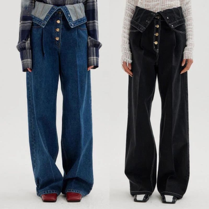 

2021 autumn and winter various ways to wear ultra-high waist wide-leg jeans women, niche loose and multi-button retro trousers