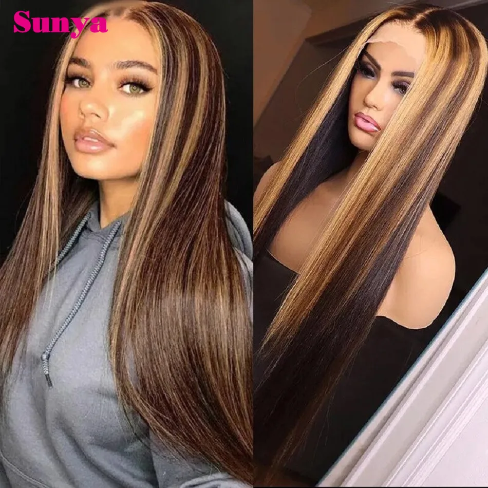 

Highlight Straight Hair Brown Lace Front Wig Pre Plucked Human Hair Wigs For Women Omber Color Honey Blonde HD Lace Frontal Wig
