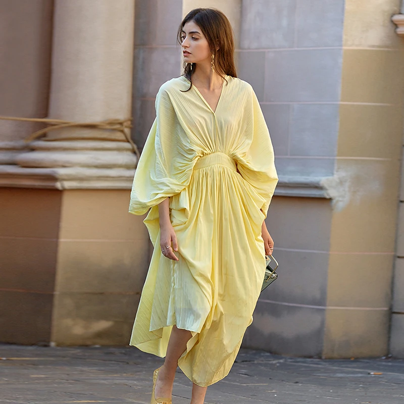 

Casual Kleider Weibliche V Neck Laterne Langarm Hohe Taille Unregelmigen Rand Geraffte Sommer Kleid Frauen Mode Kleidung