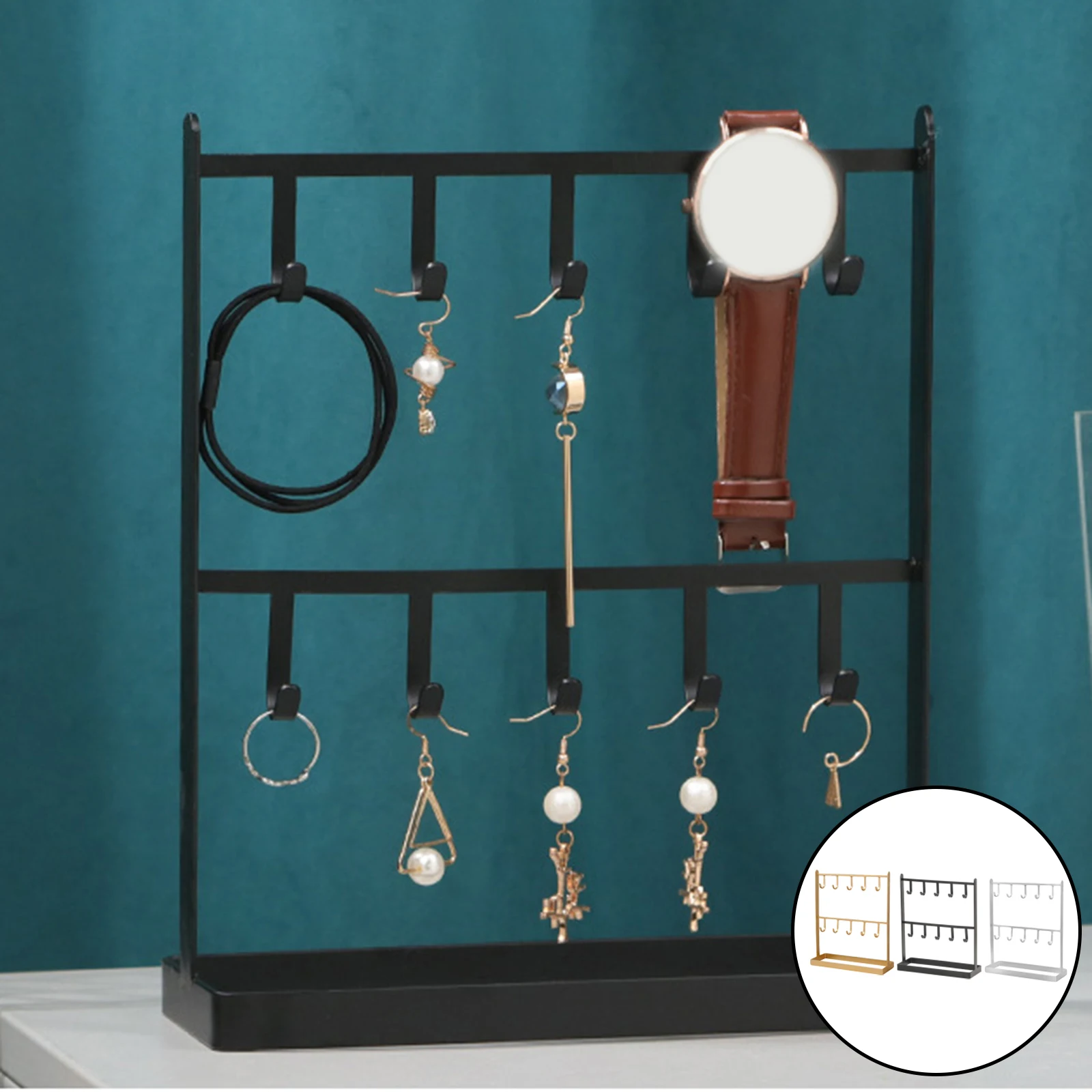 

Jewelry Stand Metal Organizer Necklaces Bracelet Earrings Holder Free Standing Tabletop Countertop with Hooks 2 Tier Rack