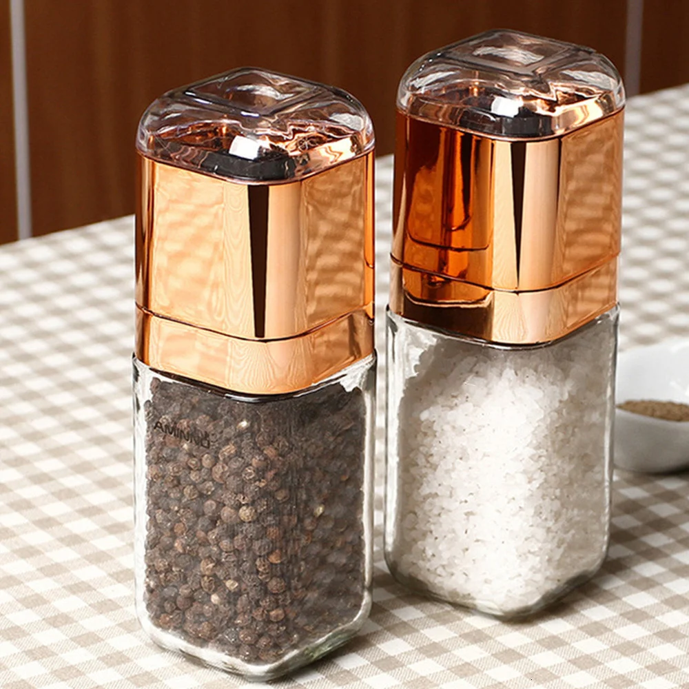 

1/2 Pcs Manual Pepper Mill 180ml Glass Bottle Salt and Pepper Grinder Adjustable Ceramic for Kitchen Spice Mill Tools Rose/Gold