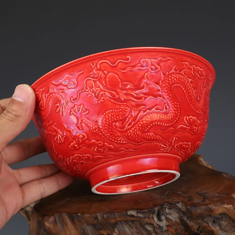 Yongzheng кораллово красная скульптура чаша с драконом антикварная коллекция
