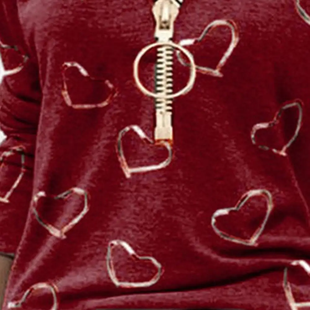

50% Hot Sale Women Casual Zipper V Neck Heart Print Long Sleeve Sweatshirt Blouse T-shirt
