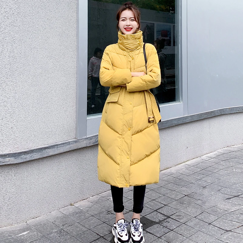 

Solid Padded Jackets For Women Mid-Length Zipper Snap Button Stand-Up Collar Lace-Up Slim Fashion Cotton Winter Coat Women 2020