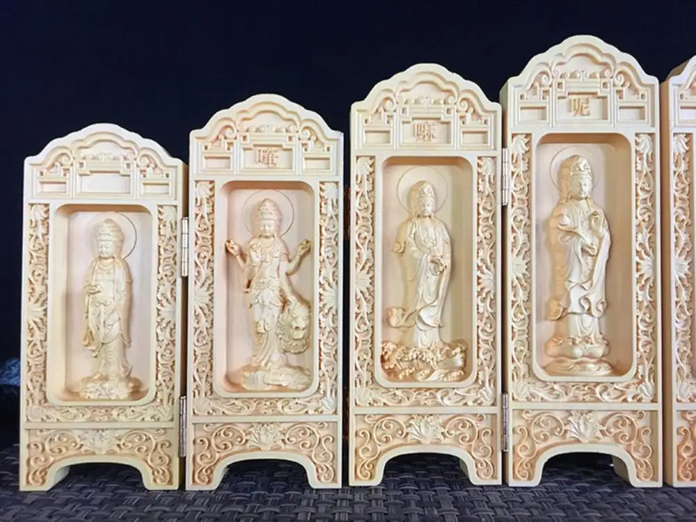 Резьба из самшита восемь коробок статуя Будды Гуаньинь деревянные поделки