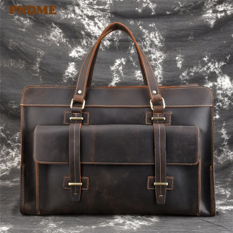 

Винтажный высококачественный мужской портфель PNDME из натуральной кожи, вместительные деловые сумки-мессенджеры из воловьей кожи, сумка для...