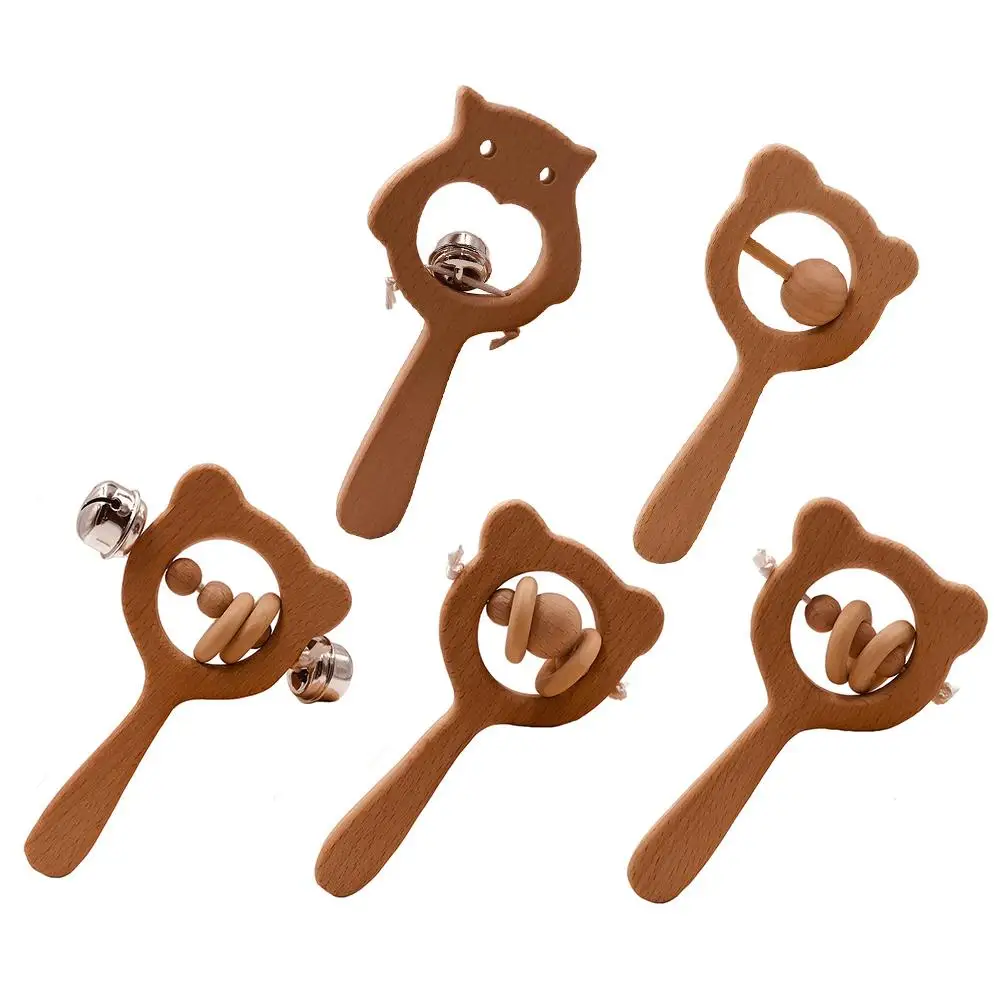 

Montessori Baby Play Gym Toys Beech Wood Bear Hand Teething Wooden Ring Baby Rattles Stroller Toys Educational Teething Toys