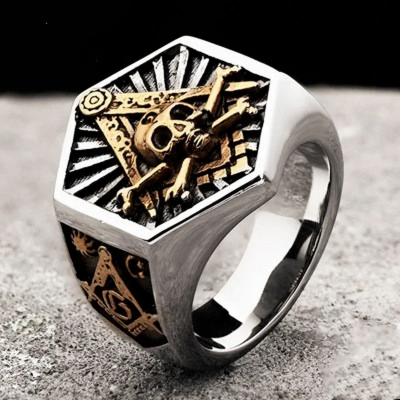 

Masonic Ring For Men hexagon skull Stainless steel Freemason Totem Jewelry hippop street culture
